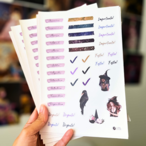 cartela de adesivos com tema de bruxa para planners e agendas