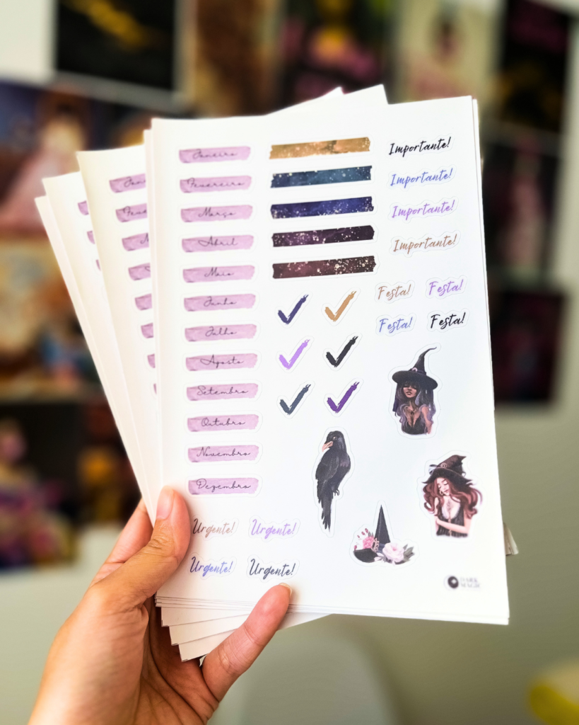 cartela de adesivos com tema de bruxa para planners e agendas