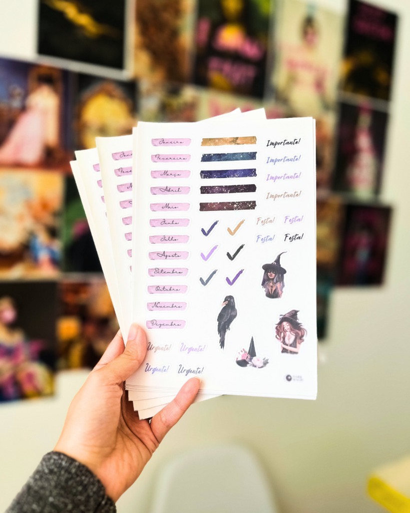 cartela de adesivos com tema de bruxa para planners e agendas