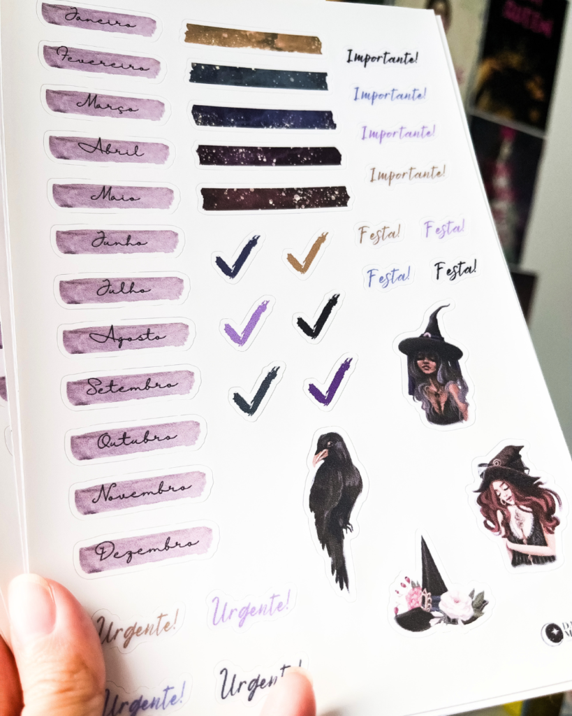 cartela de adesivos com tema de bruxa para planners e agendas